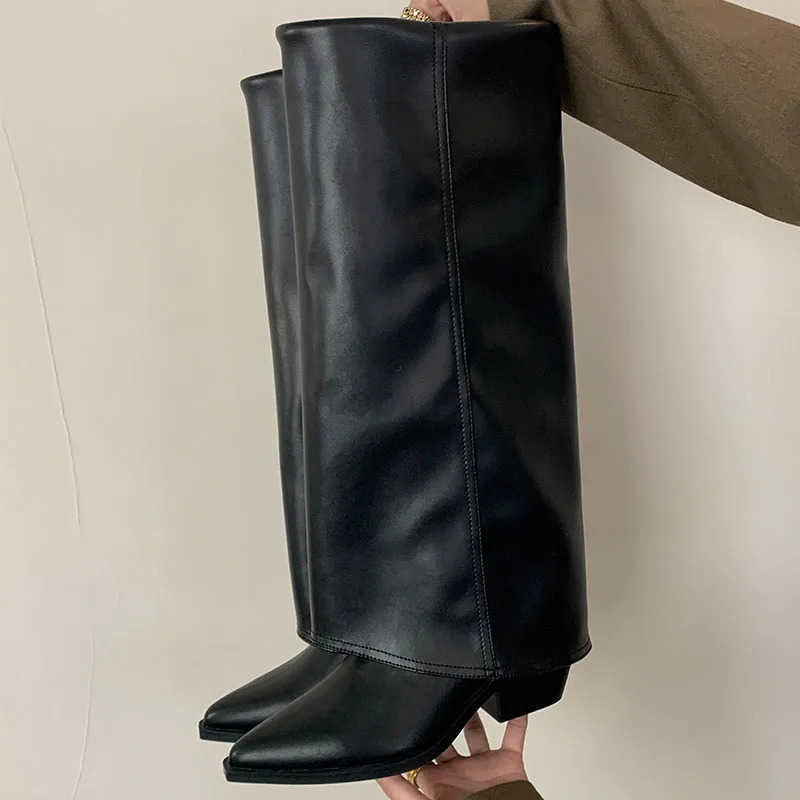 New Fem Slip On Footwear Fion Denim Wen Knee High Boots Pointed Toe Ladies Modern Long Booties With H Pumps Shoes Z250304