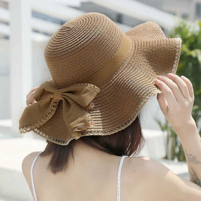 Spring and Summer Womens Sun Str Hat Sun Shaded Big Brim Bamboo Hat Bowknot Fashion Fisherman Hat Outdoor H28XJ250304