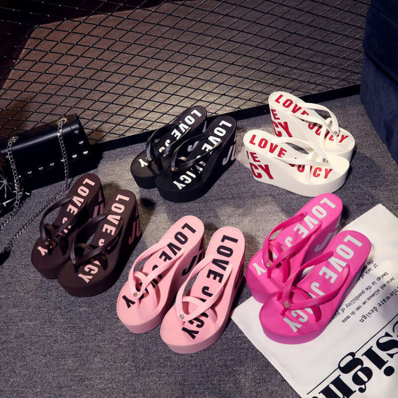 Lady Slippers Shoes Flat Slides On A Wedge Platform Rubber Flip ps Hawaiian PU Fabric Rome Super High-Heeled Shoe