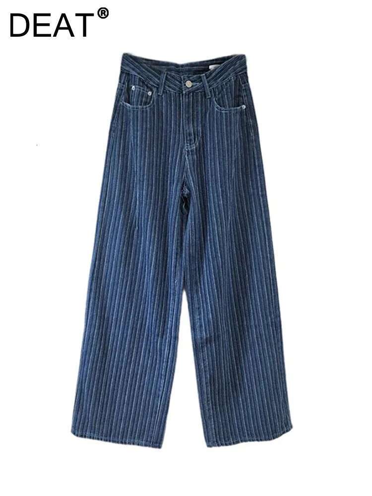 DEAT Women's Jeans High Waist Washed Striped Loose Straight Wide Leg Vintage Causal Denim Pants 2025 Spring New Fashion 29L8450