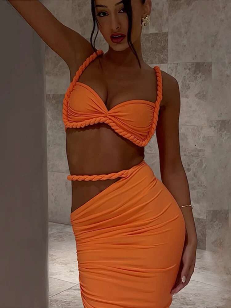 2025 New In Matching Sets Women Elegant Sleeveless Pleated Crop Tops Irregular Waist Long Skirt Vacation Beach Lady Suit Summer