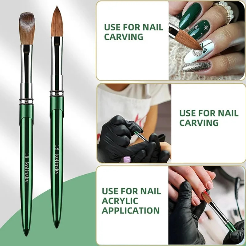 Green nail art brush Kolinsky nylon hair brush gel UV polishing tool carving painting nail chalk 250304