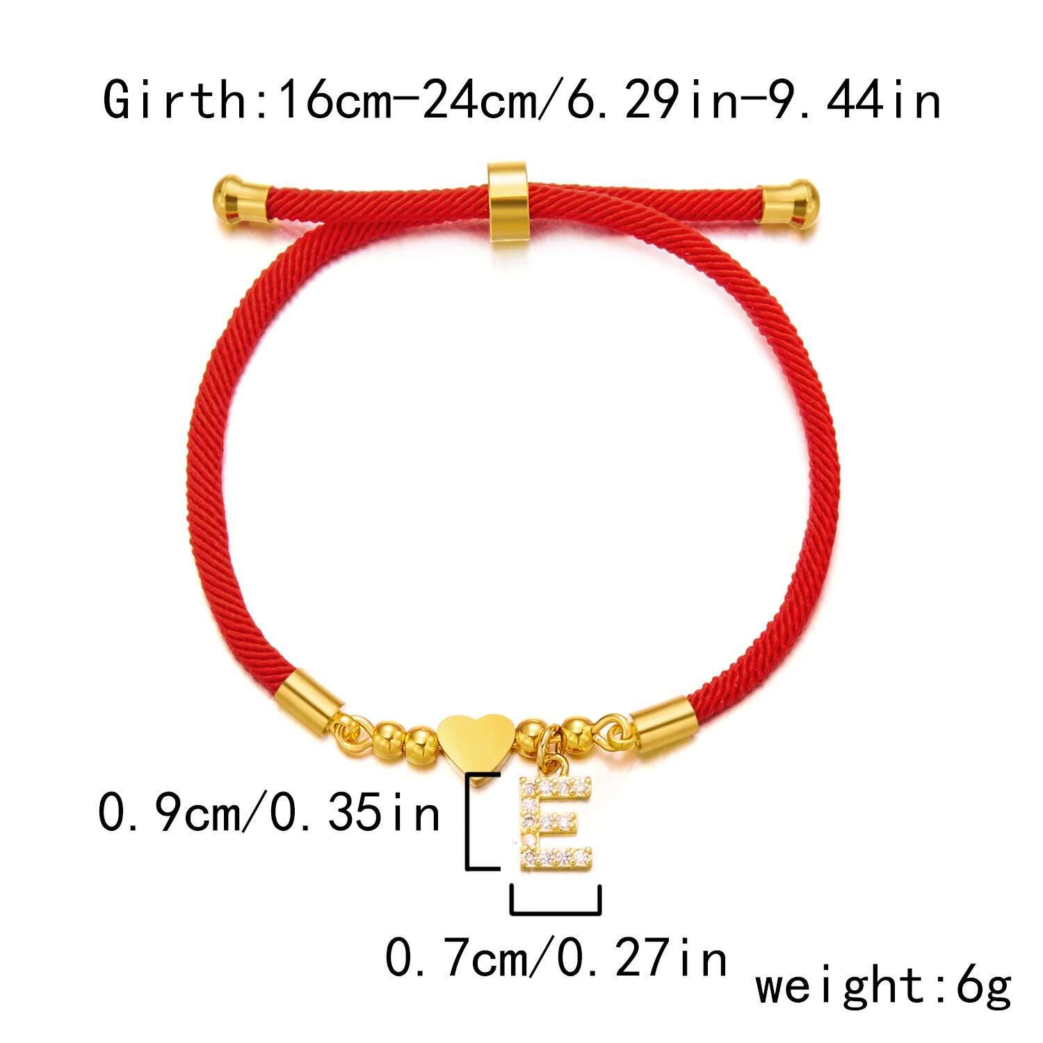 Stainless Steel Gold Color A-Z Heart Initial Letter for Women Lucky Red Adjustable Rope Bracelet Charm Jewelry Gift