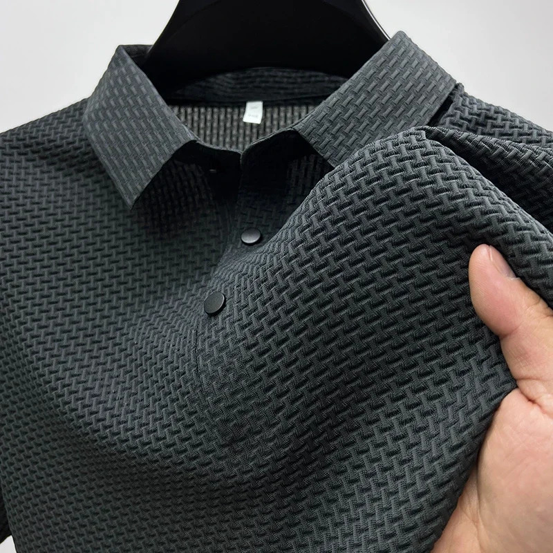 Summer Mens Lop-up Hollow Short-sleeved Polo Tee Shirt Ice Silk Breathable Business Fashion T-Shirt Male Clothes 250304