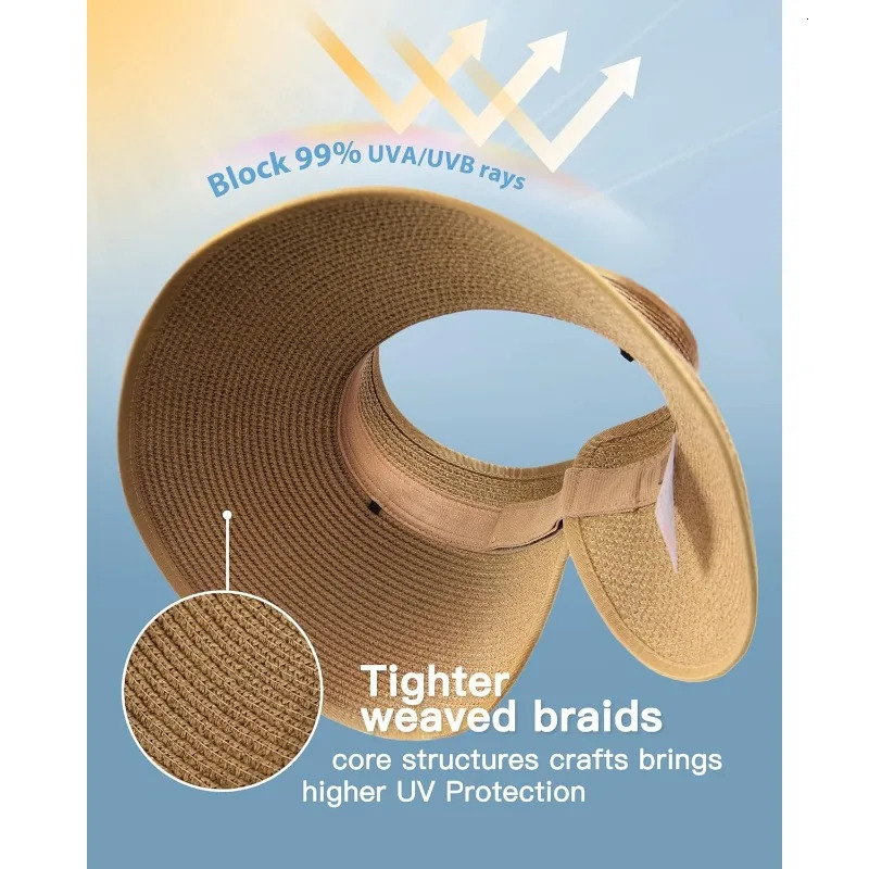 FURTALK Sun Visor Hats for Women Wide Brim Straw Ponytail Summer Beach Hat UV UPF Packable Foldable Travel 250227