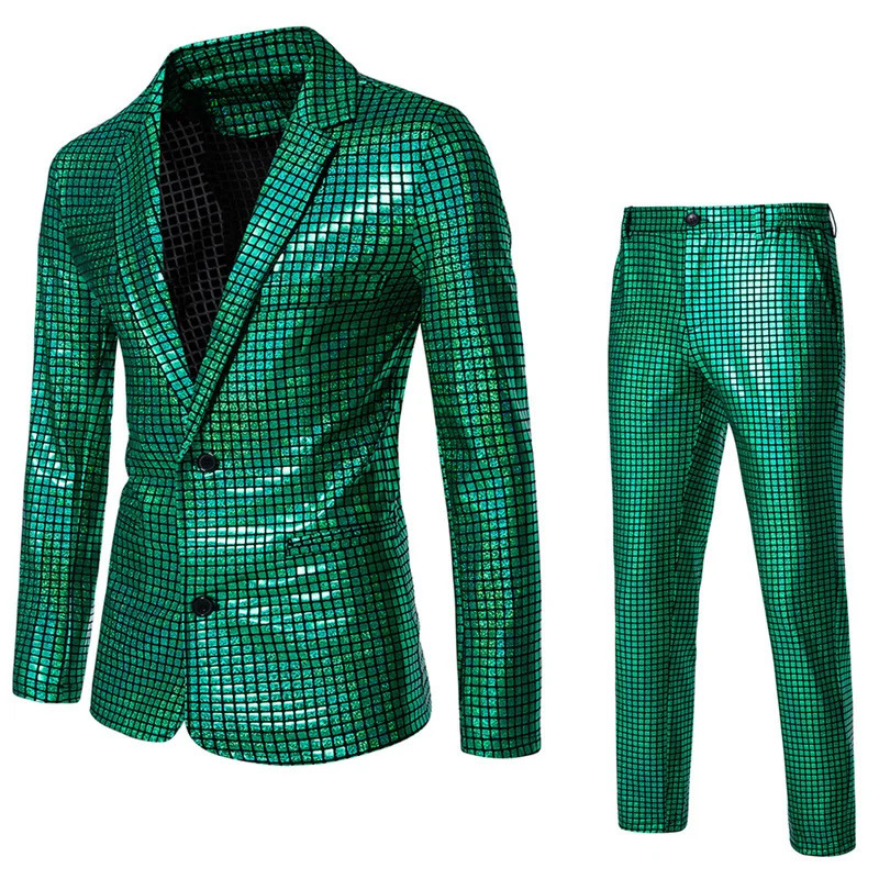 Summer Men Rainbow Plaid Suit 2 Piece Gold Silver Fashion Male Dance Party Performance Blazer Jacket and Pants 250303