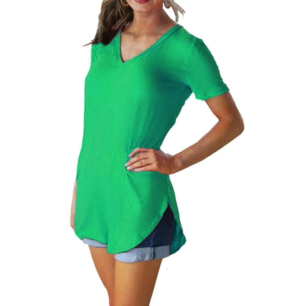 Summer solid color blouse V-neck short sleeve loose T-shirt hem arc women clothes 250303