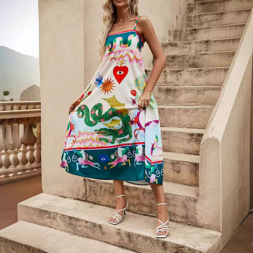 long skirt women's suspender printed cotton en sleeveless large swing dress 2025 new casual versatile fashion clothing