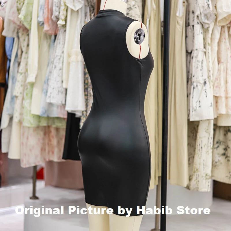 Party Bodycon Pu Leather Ladys Solid Color Dress Sexy Sleeveless Slim Elastic Package Hip Tee Skirt Mini Short 250227Z