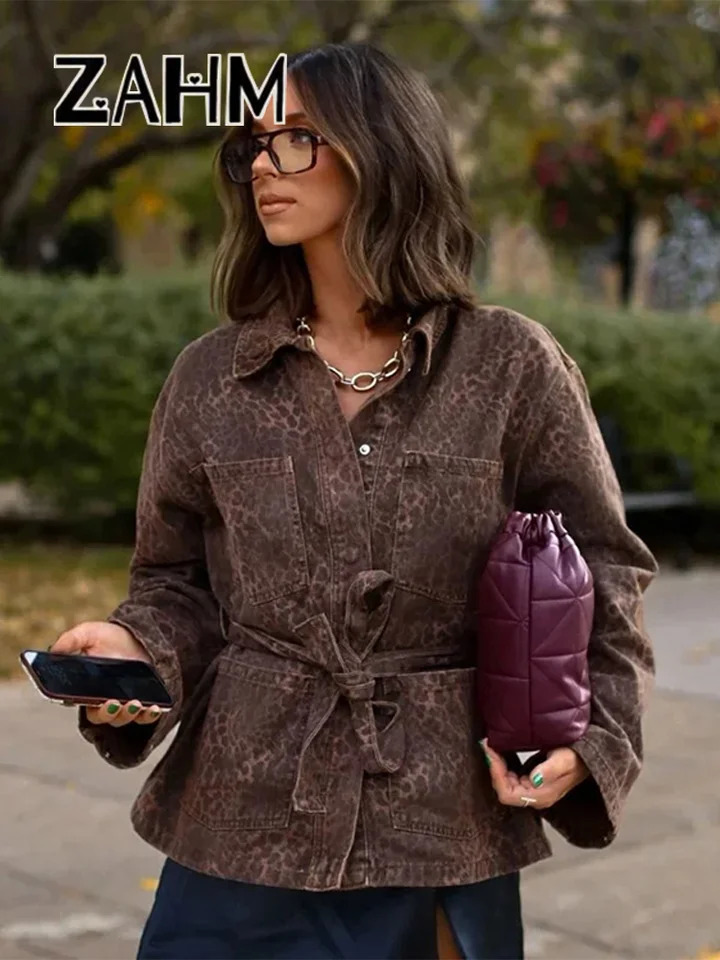 Leopard Print Jackets Women Casual Lapel Big Pockets Belt Coats Female 2025 Spring High Street Lady Outwears 250303