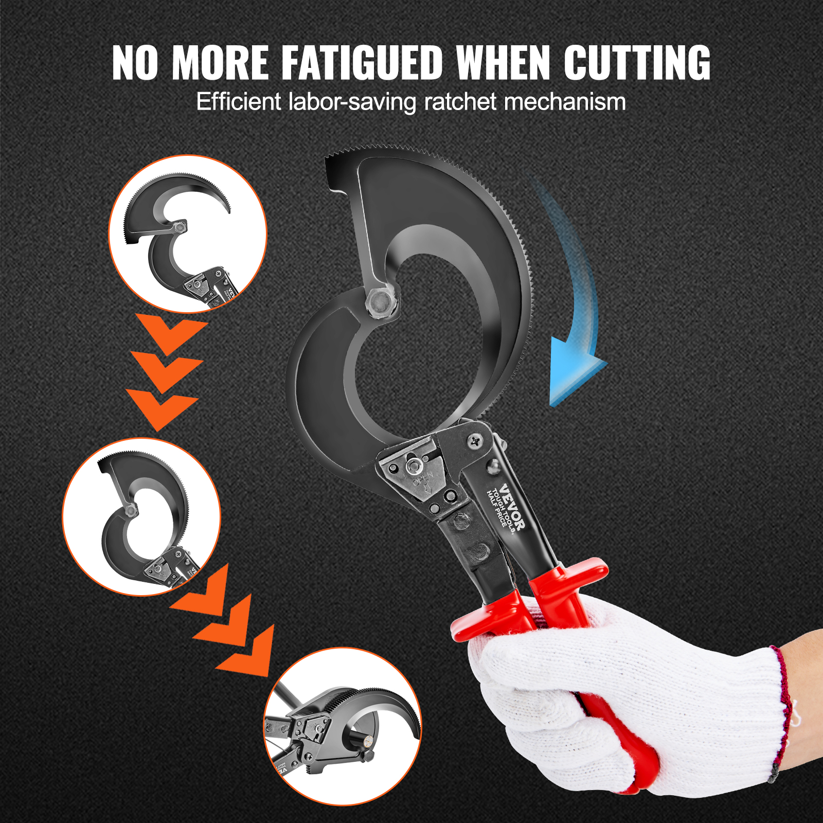 VEVOR 10/11 in Ratcheting Cable Cutter Quick-Release Ratchet Wire and Cable Cutter Cut with Comfortable Grip Handles Easy to Use