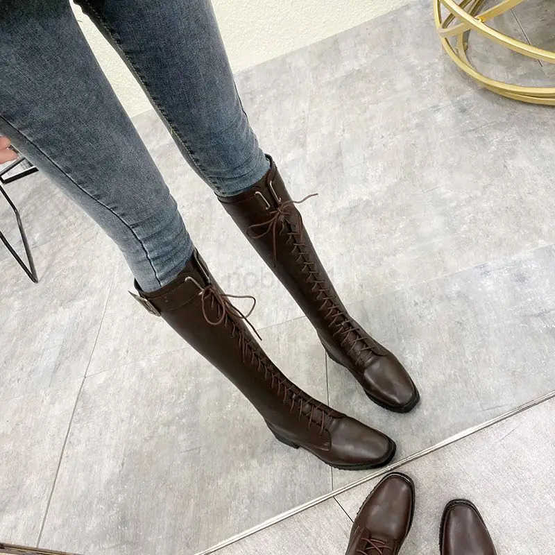 Lace-up Shoes for Wan Long Wens Boots Winter Knee High Shaft with Laces Biker Footwear Brown Large Size Warm S Quality Z250304