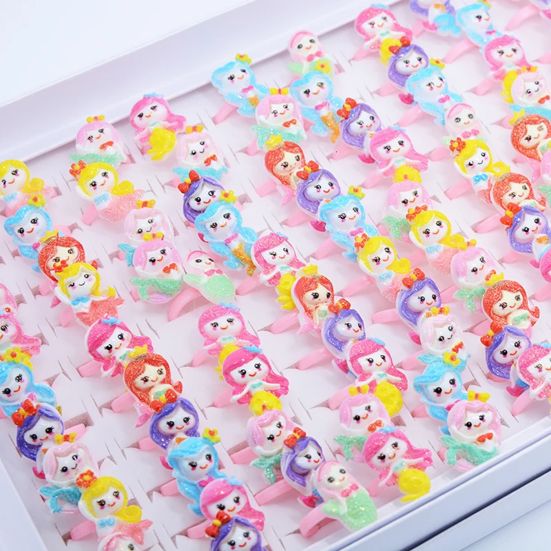 Wholesale 100pc/box Mix Cartoon Animal Mermaid Daisy Gem ring Kids Girl Rings Child Birthday Party Gifts adjustable size 250304