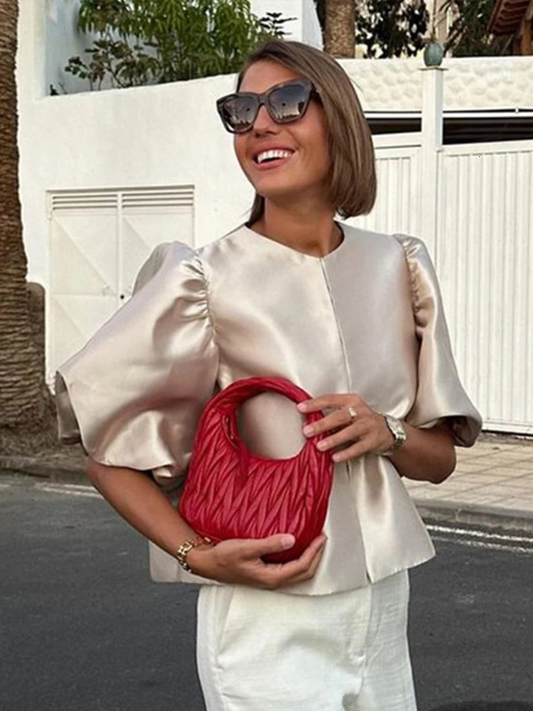 O Neck Lantern Short Sleeve Women Top Loose Solid Female Blouse Fashion Elegant Office Spring Summer Casual Lady Shirts 250228