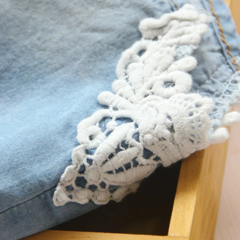 Summer Fashion 2 3 4 6 8 10 12 Years Children Cotton Baby Lace Edges Patchwork Jeans Kids Girls Denim Blue Shorts 250304