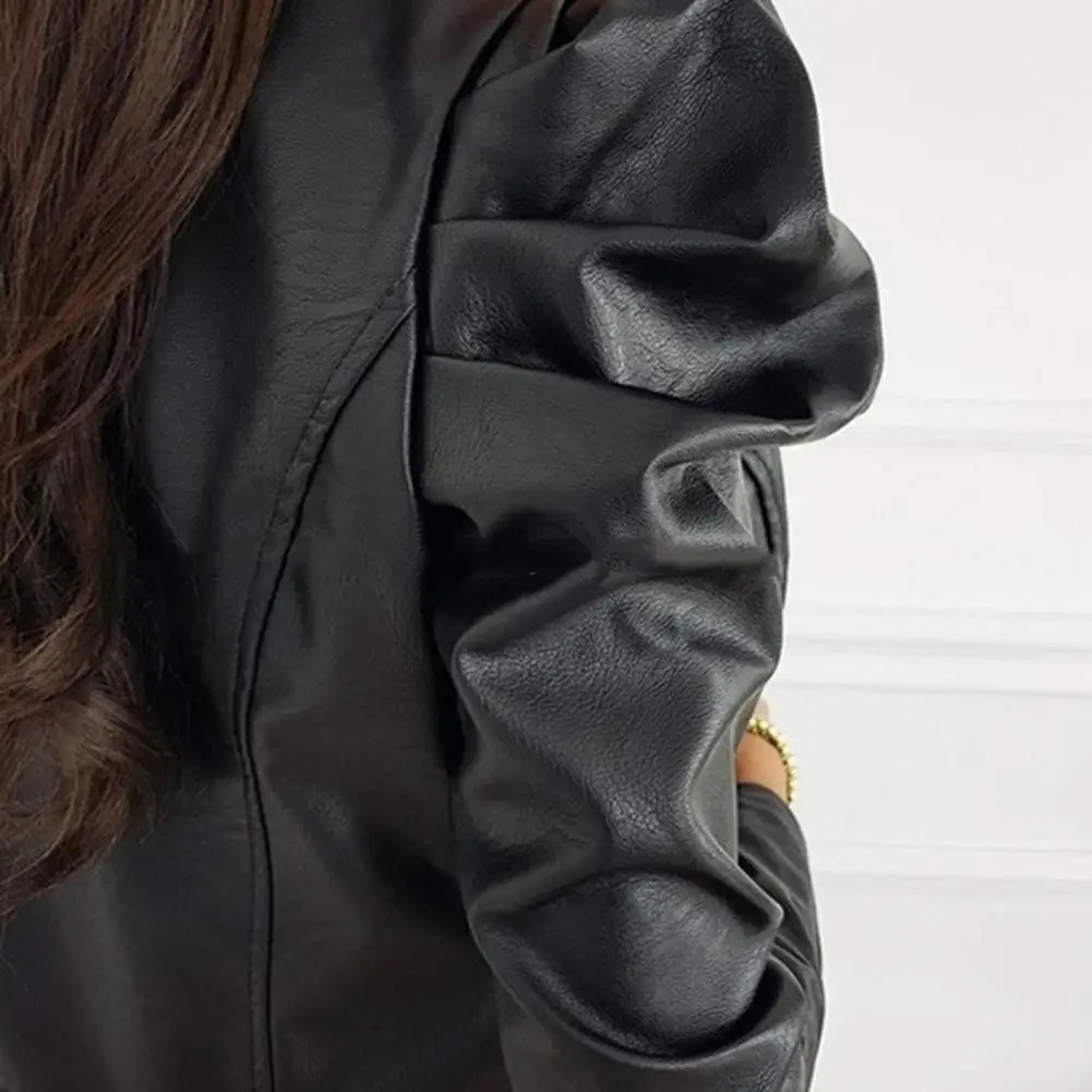 Womens Coat Zipper Short Pattern Slim Fit Ruched Long Sleeve Lady Jacket Dressup Cardigan Faux Leather Spring Blazer Daily Wear 250226