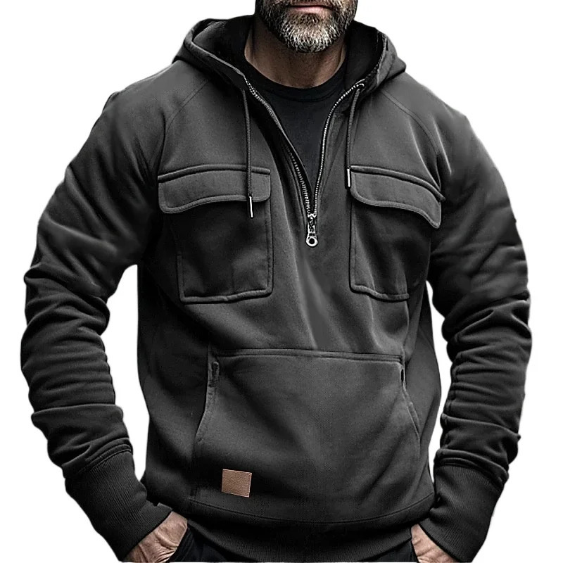 Half Zipper Mens Tactical Hoodies Solid Warm Fleece Military Sweatshirts Multi Pockets Male Hooded Jackets Thick Outdoor Polar 250304