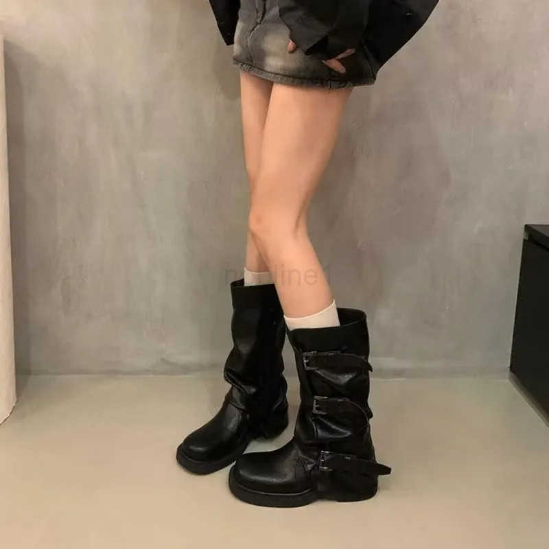 Round Toe Belt Buckle Wen Boots Fion Flat Sole Mid Calf Autumn Niche Design Patent Leather Soid Wen Shoes New Arrivals Z250304