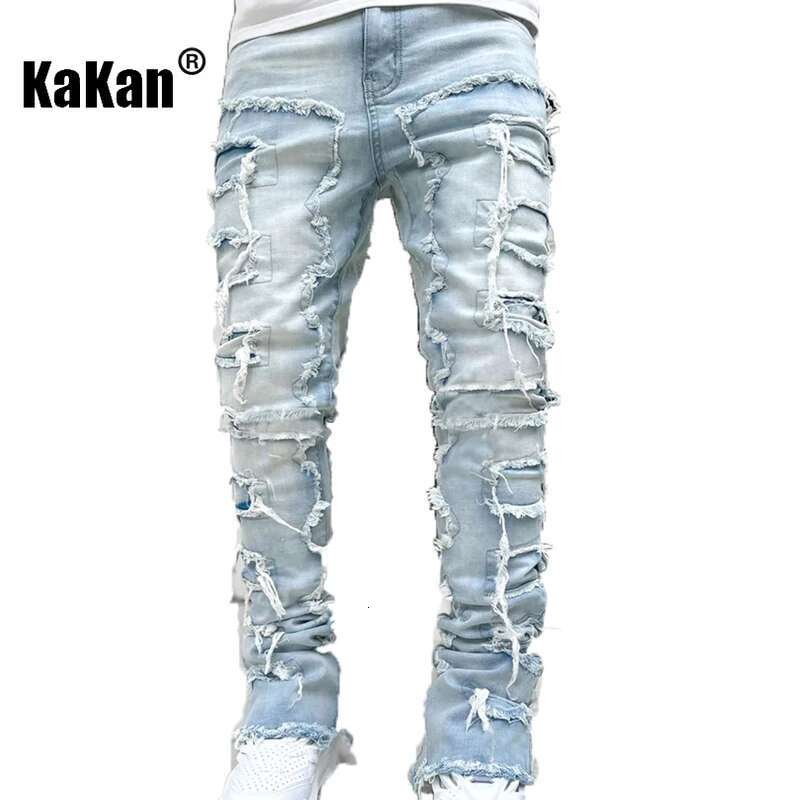 Kakan - New European And American Heavyweight Streetwise Stretch Patch Jeans For Men, High Street Straight Fit Long Jeans16-3001