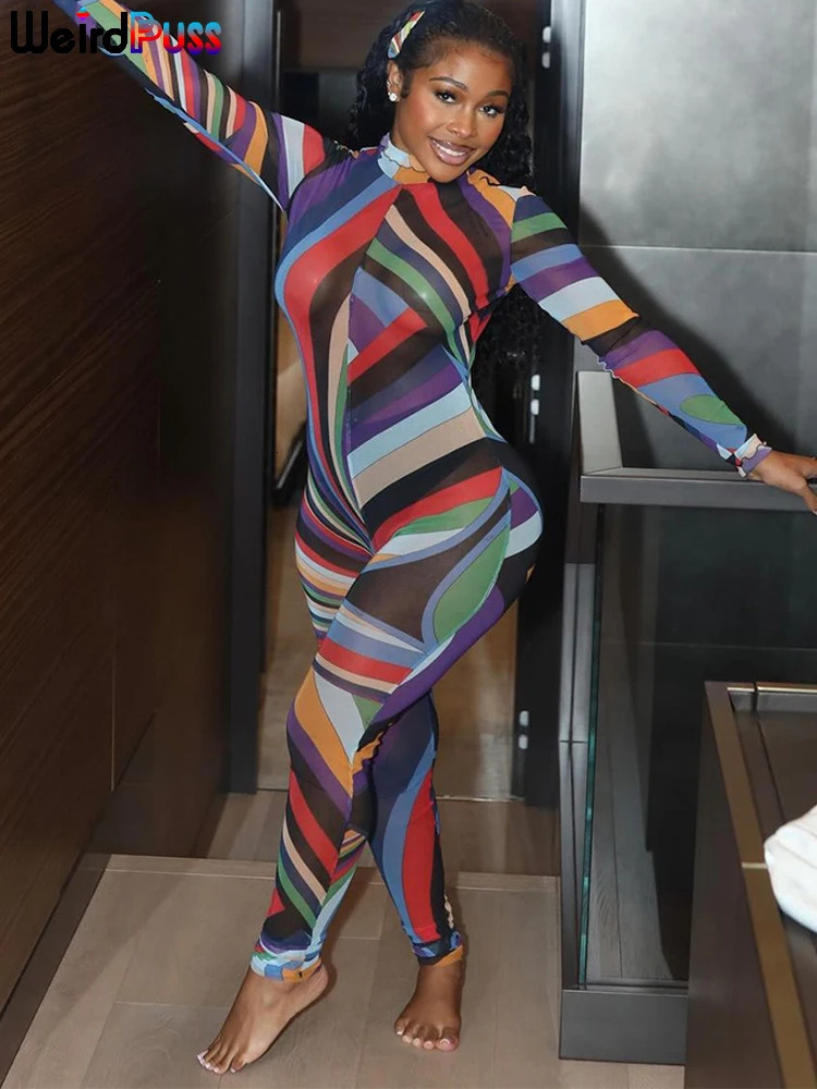 Weird Puss Sexy Colorful Print Jumpsuit Women Mesh Zip Y2K Full Sleeve O-Neck Turtleneck Trend Skinny Stretch Workout Overalls 250303