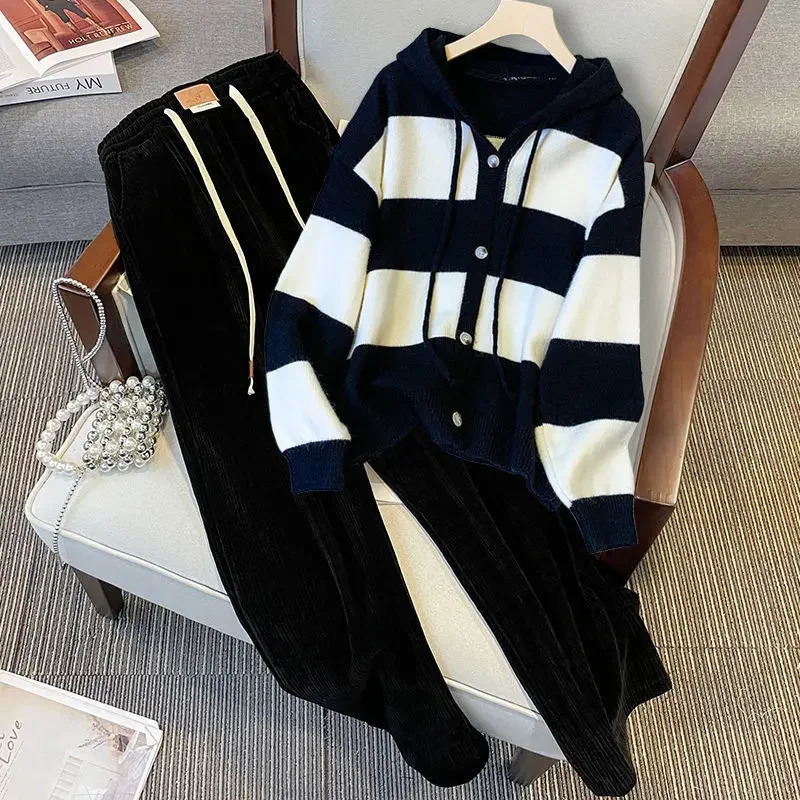 Spring Autumn Womens Pants Set Casual Sportswear Hooded Knit Pullover Sweater Elastic Waist Wide Leg Trousers 2pcs Track Suit 250225