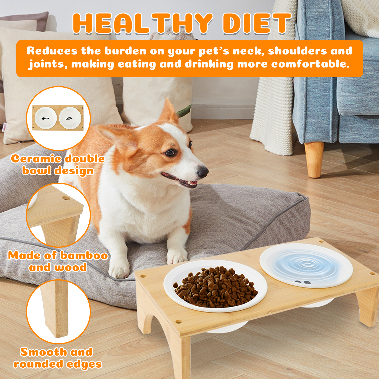 Pet Feeder Double Bowl Ceramic Dog and Cat Bowl with Bamboo Stand Elevated Neck Guard Dog Food and Water Bowl Pet Accessories