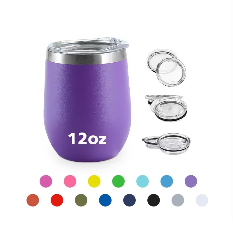 Customize logo 12oz Powder Coated wine glass Tumbler Stainless Steel Double Wall Insulated Vacuum egg Cups with lid red wine glasses 16 colors