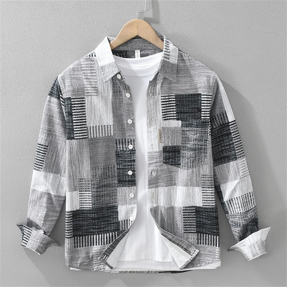 Spring Japanese Style Casual mens Long Sleeve Shirts printed mens clothing Cotton Blouse Loose Fit Tops Daily Wear for man 250227