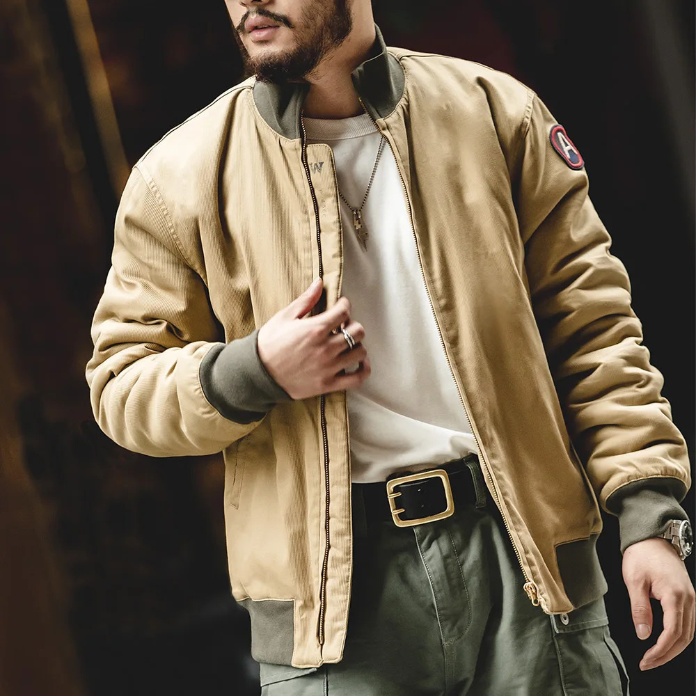 Maden Mens Brown Flight Bomber Jackets Vintage Pilot Monocycle Jacket Slim Fit With Patches Stand Collar 250228