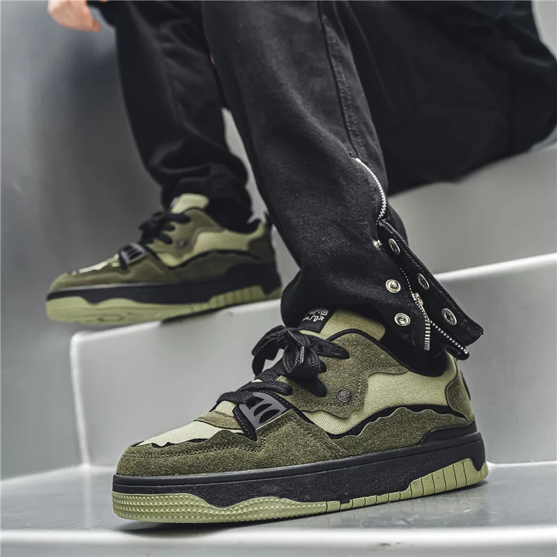 Mens Skateboard Shoes Autumn Korean Version Trend Casual Sports Shoes Army Green Lace up Canvas Shoes Fashion Sneakers 250228