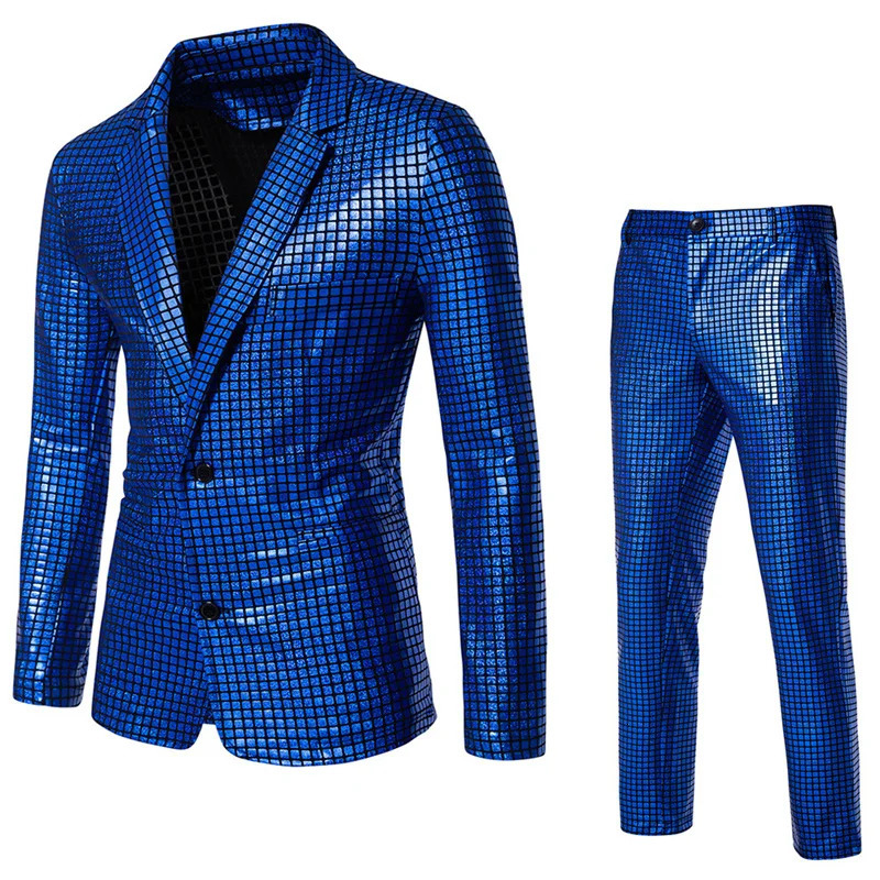 Summer Men Rainbow Plaid Suit 2 Piece Gold Silver Fashion Male Dance Party Performance Blazer Jacket and Pants 250303