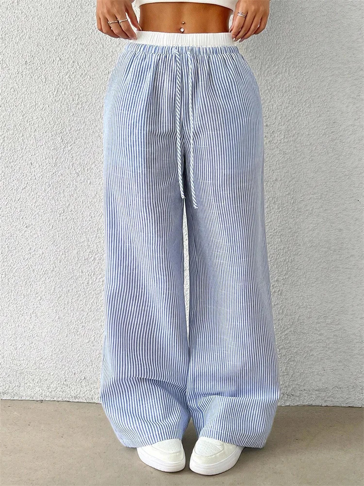 Womens Casual Striped Woven Wide Leg Pants Fall Winter Casual Stylish Full Length Trousers Y2K Clothes Streetwear 250303