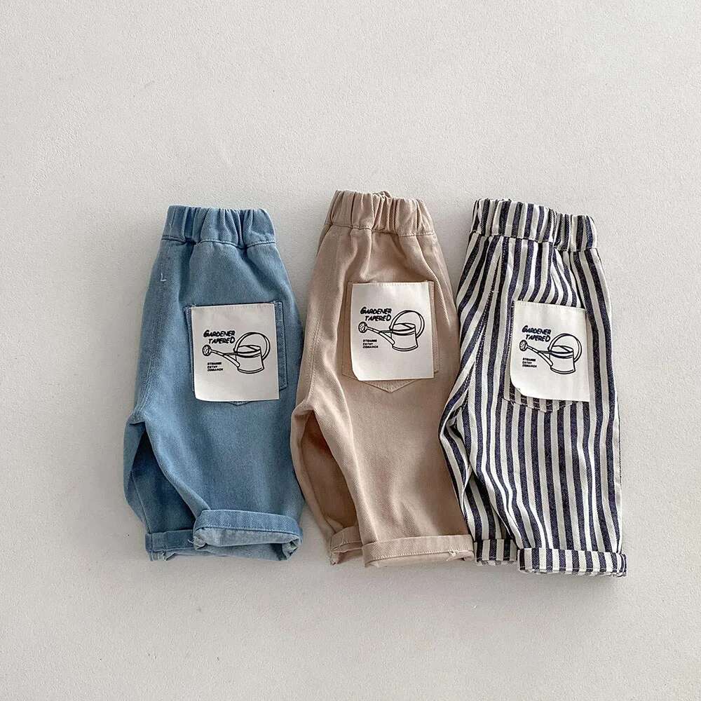 Ddmyshoesvip Jeans Stripe Denim Loose Straight Patchwork Pocket Boys Trousers Mid Waist Kids Outfit Pants