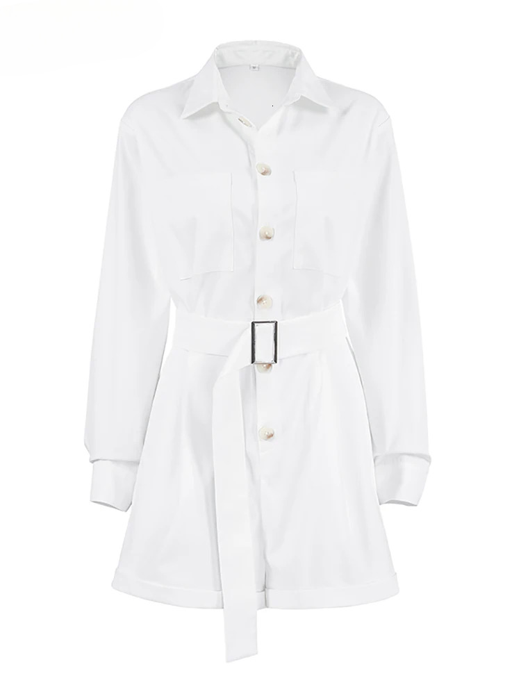 Elegant White Rompers With Belt Long Sleeves One-Piece Ladies Office Pockets 2024 Shirts Shorts Jumpsuits Woman Fall