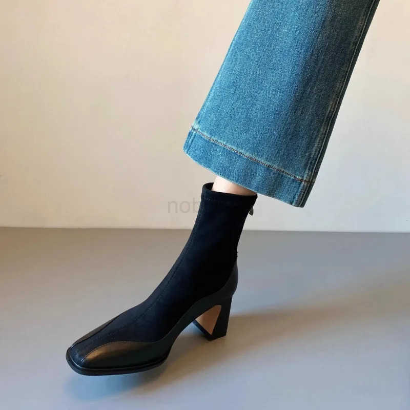 Wens New Winter Thick Heel Cotton Boots Square Splicing Suede Back Zipper Anti-slip Wear-resistant Short Boots Z250304