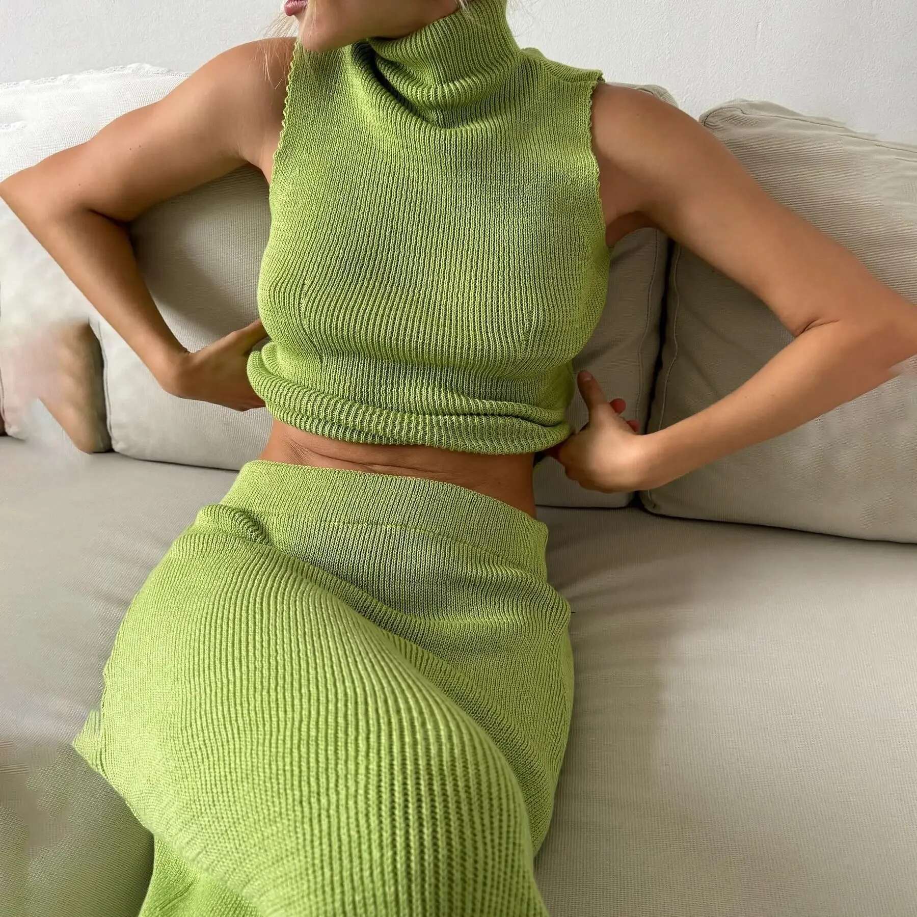 Women's Sleeveless High-Neck Knitted Tops Long Skirt Sets Elegant Office Lady Soild Top A-E Skirts Commuter Outfit Conjuntos