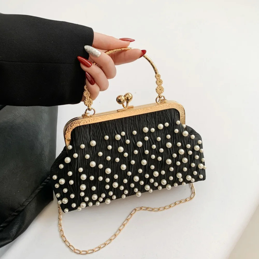 Artificial Pearl Diamond Inlaid Shoulder Bag Metal Chain Messenger Lady Banquet Shell Fashion Evening Handbag 250303