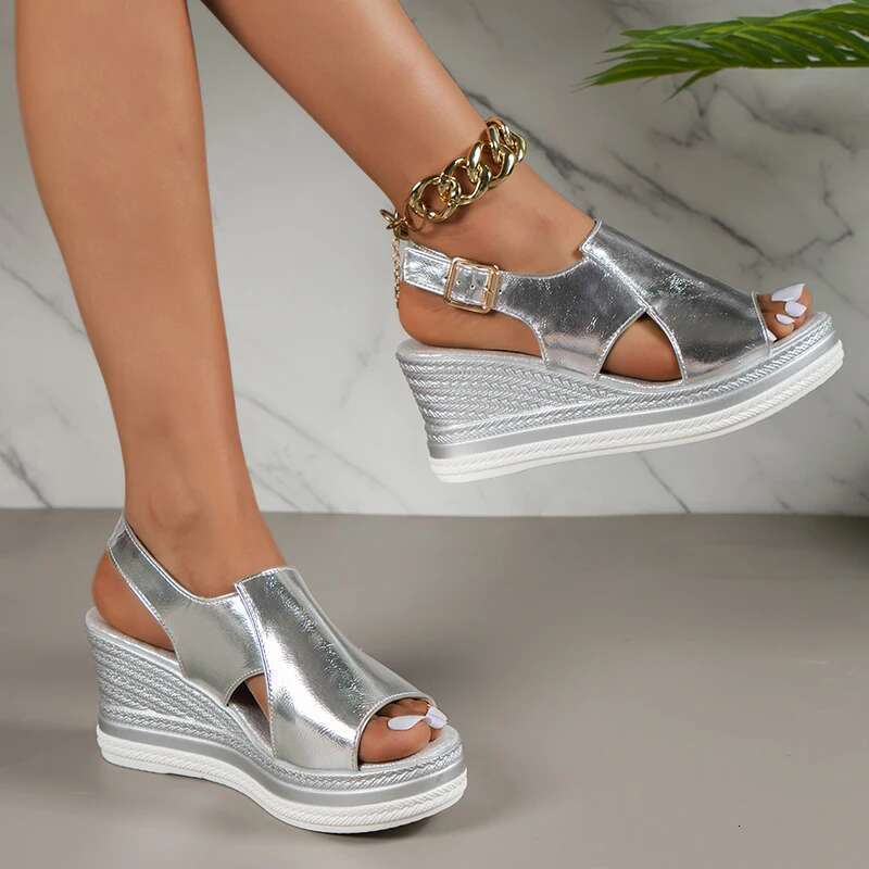 Summer Peep 2025 Toe Platform Sandles Woman Plus Size Thick Sole Sandalias Mujer Gold Sier PU Leather Wedge Sandals for Women