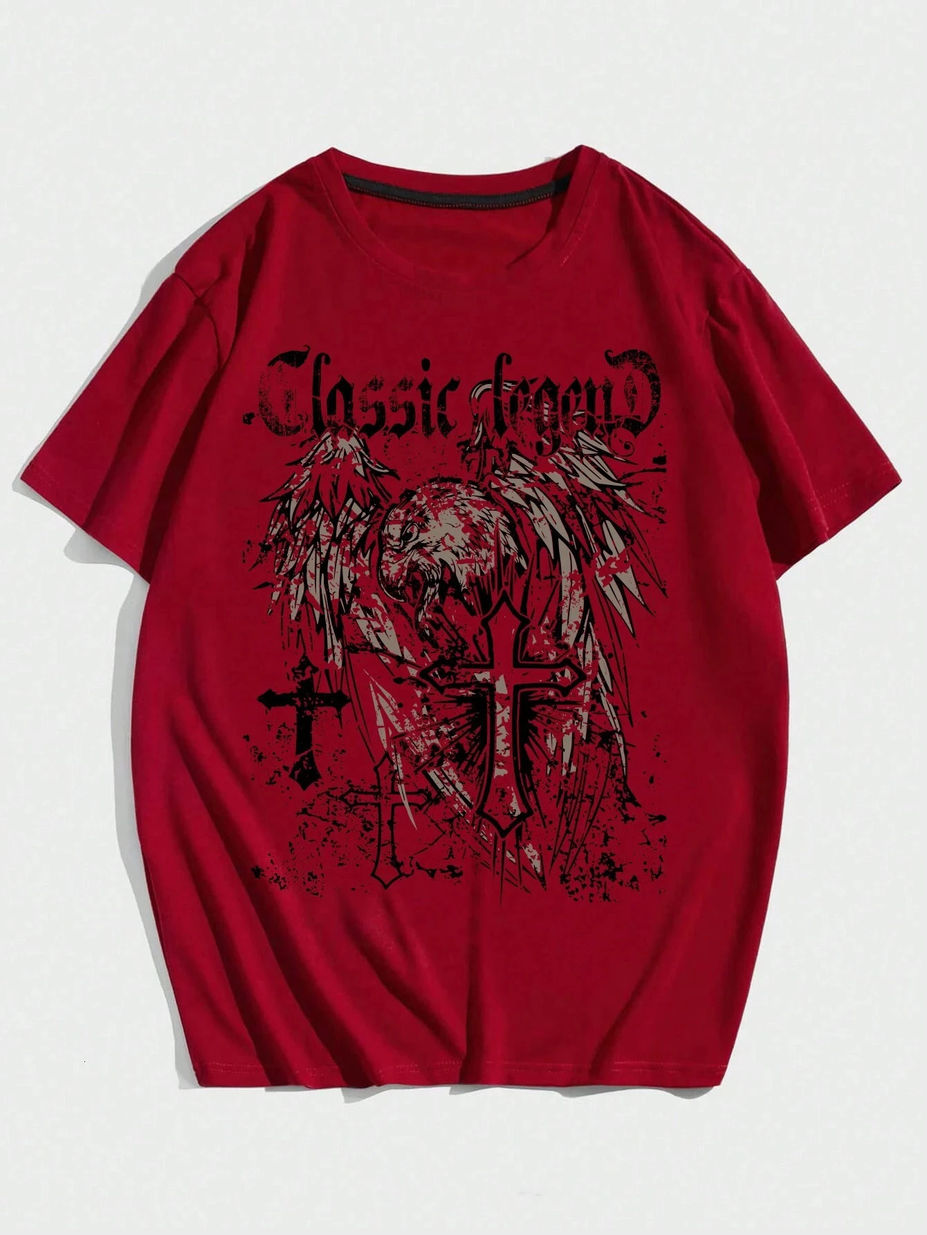 Goth Eagle Cross Printed Y2k Character Unisex Men Women Cotton T-shirt Fashion Big Size Top Short Sleeve Classic Tee 250304