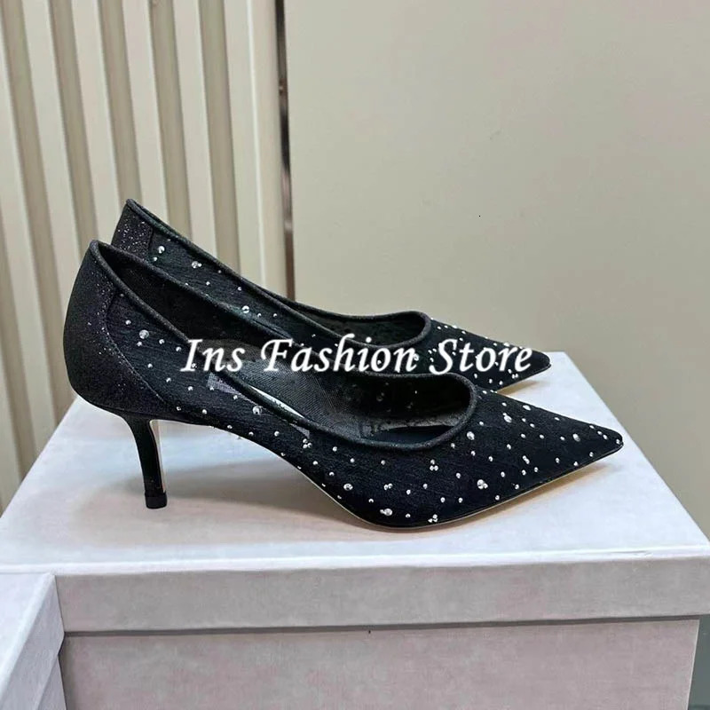 Sequins White Mesh Pointed Toe High Heels Wedding Crystal Pumps Woman Stilettos 8CM 6CM Dress Party Celebrity Shoes 250228