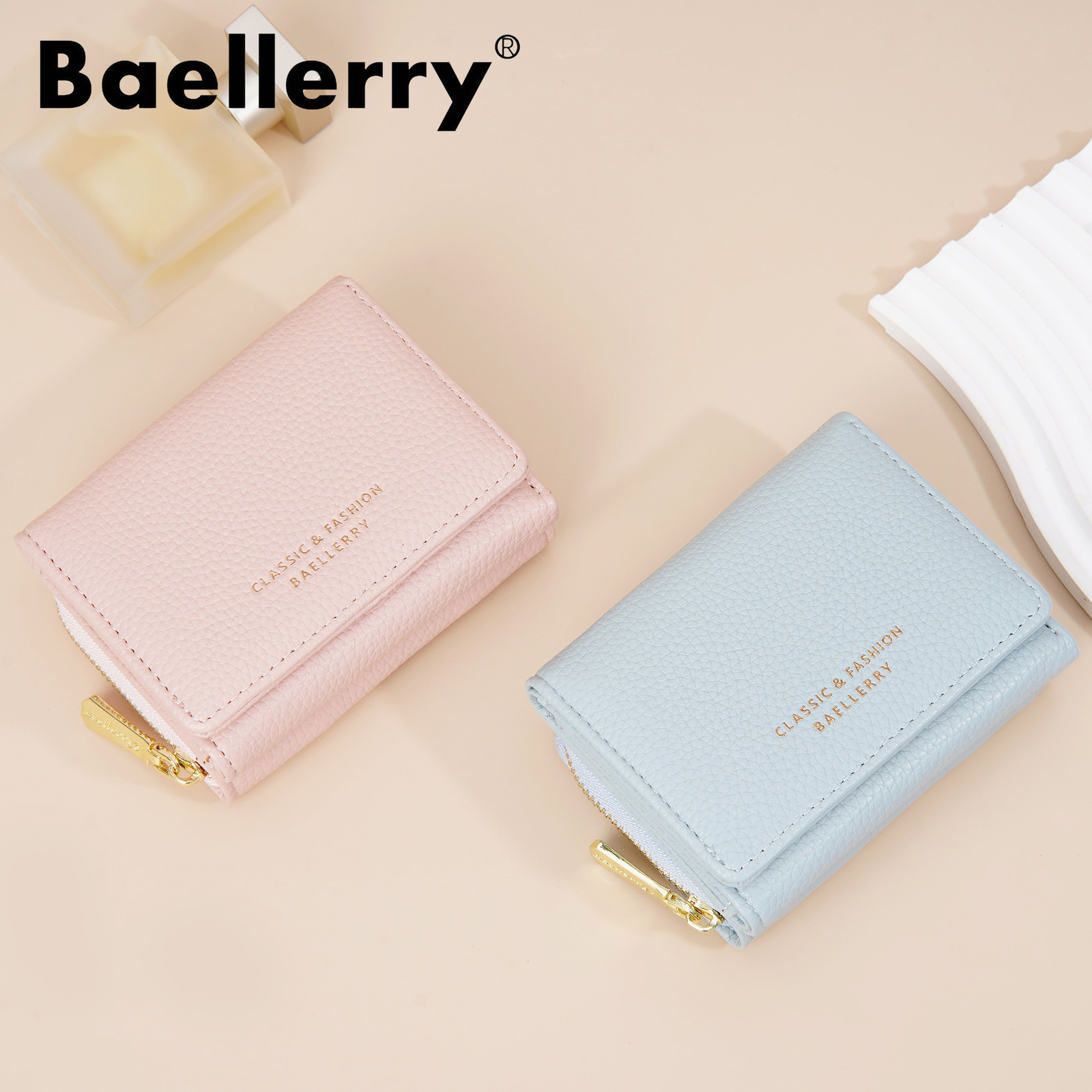 Wallet womens short baellerry three fold zipper coin purse simple lychee pattern card bag for women 250304