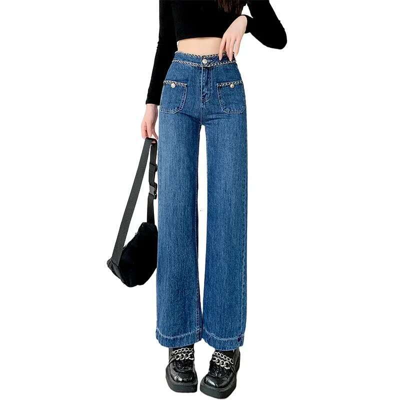 Korean Chic Fashion Chain Blue High Waist Jeans Women Spring Autumn New Straight Baggy Loose Slimming Wide-Leg Denim Pants