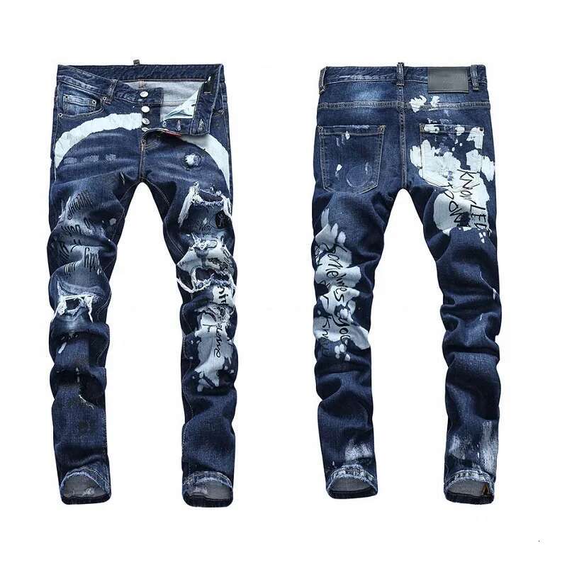European American Fashion Brand Italy Design Cool Top Slim Jeans Denim Trousers Blue Hole Pants For Men