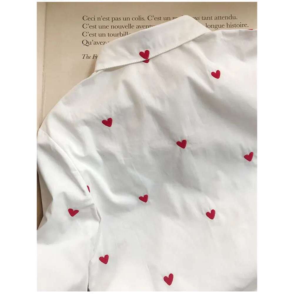 2025 Spring Women Red Heart Embroidery White Shirt Single-Breasted Ladies All-Match Office Blouse Top Female Chemise