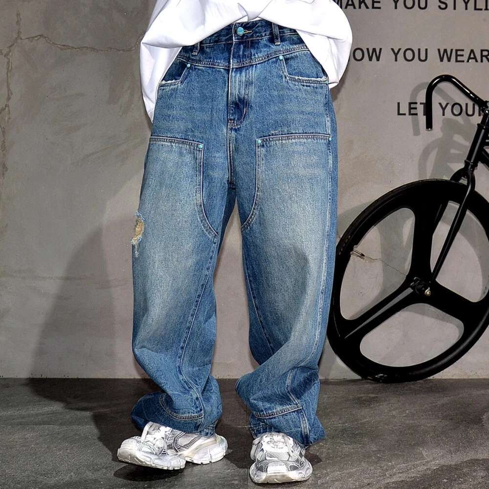 High End Baggy For Men Korean Fashion Stretch Denim Ripped Cargo Pants Hip Hop Trousers Streetwear Skateboard Jeans Male