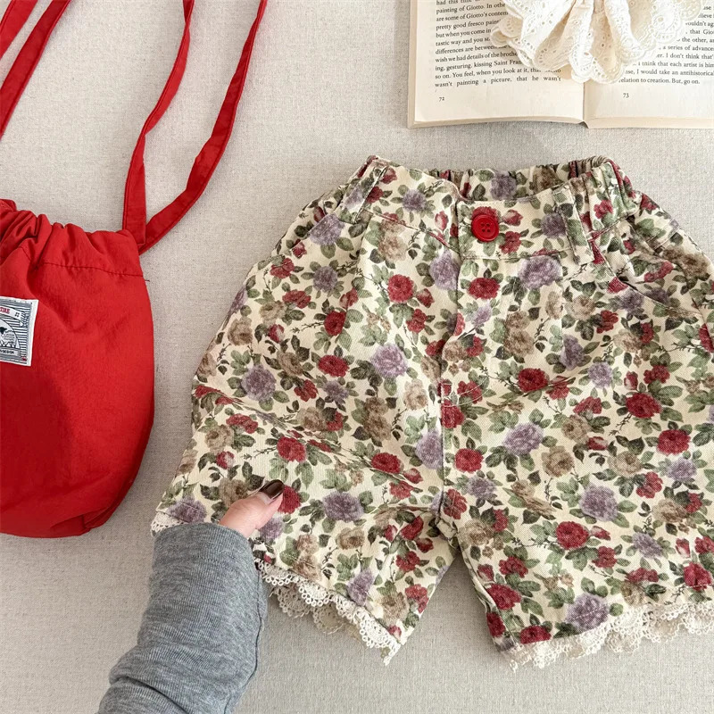 young deer Spring Summer Baby Girls Printed Shorts Lace Korean Style Children Casual Knee Length Pants 250304
