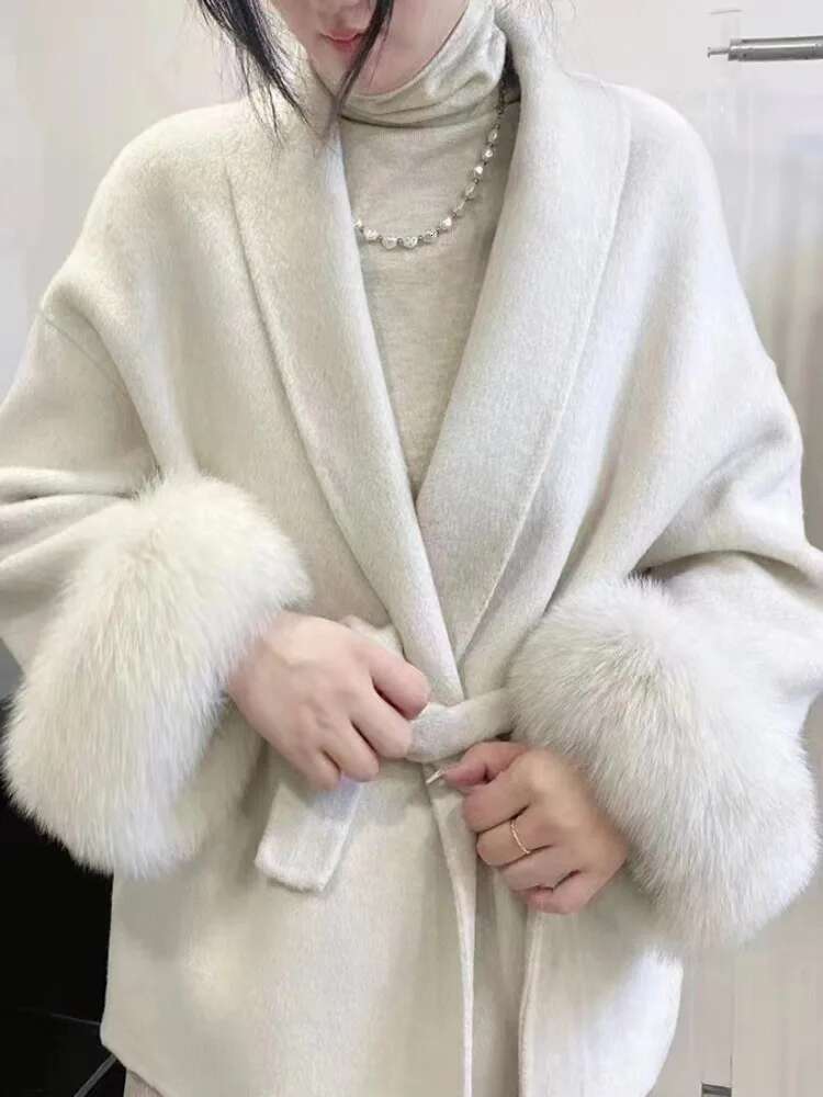 Elegant Office Lady Overcoats Fur Patchwork Long Sleeve Woolen Coat Beautiful Women's Clothing Jacket Autumn Spring
