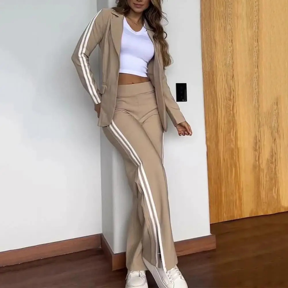 2 PcsSet Womens Blazer Formal Coat Pants Set Autumn Winter Long Sleeves Jacket Loose Striped Wide Leg Casual Suit Outfit 250225