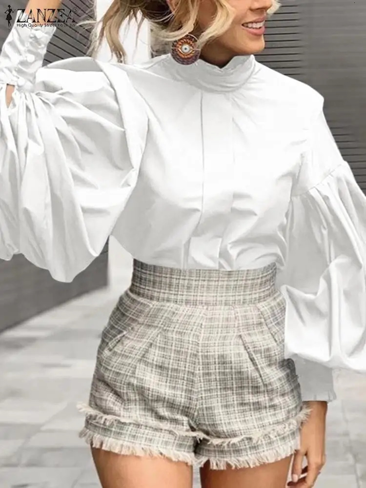 ZANZEA Casual Solid Color Shirts Women Long Lantern Sleeve Blouse Office Lady Pleating Tops Fashion Stand Collar Tunics 250228