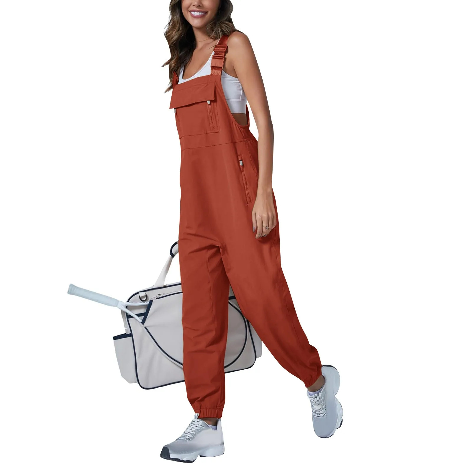 WomenS Jumpsuits Summer Fashion Casual Loose Wide Leg Jumpsuits Solid Color Insert Pockets Retro Button Strap Jumpsuits 250303